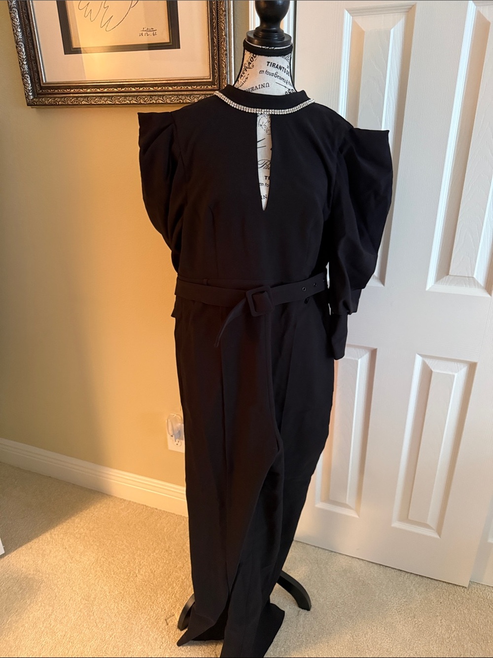 Black Puff-Sleeve Jumpsuit with Embellished Neckline and Belt